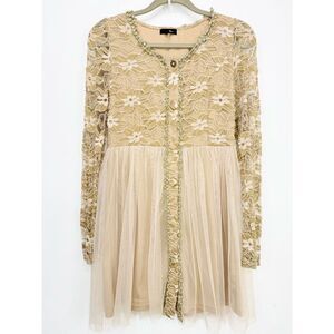 Ryu Whimsical Tan Floral Mesh Lace Tulle Skirt Long Sleeve Button Front Dress
